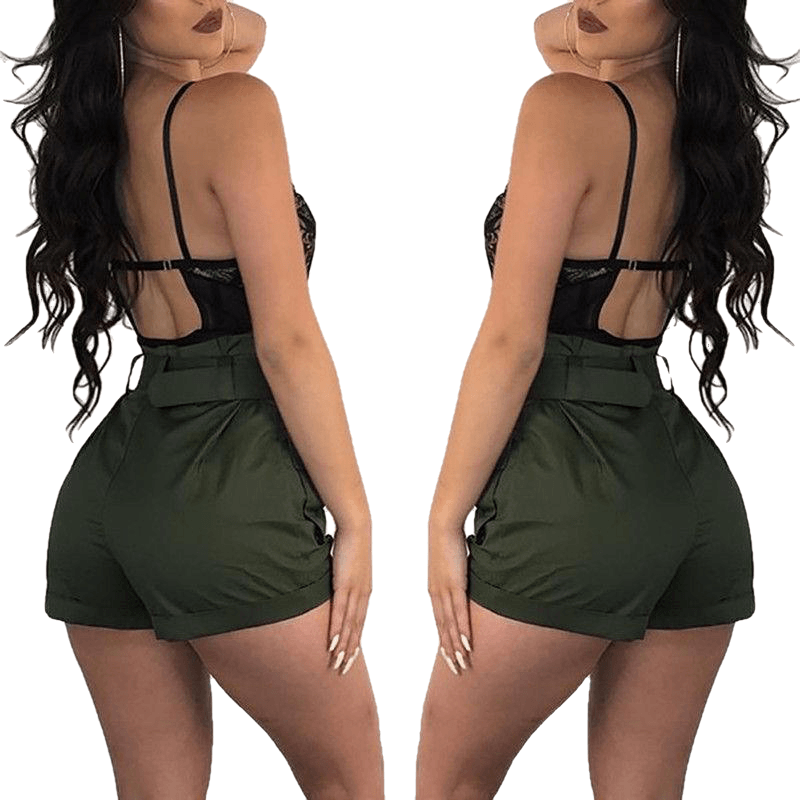 Casual Women A-Line Short Pants New High Waistband Summer Green Shorts Pants Stylish Ladies Loose Beach Belt Short Trousers - Sheseelady