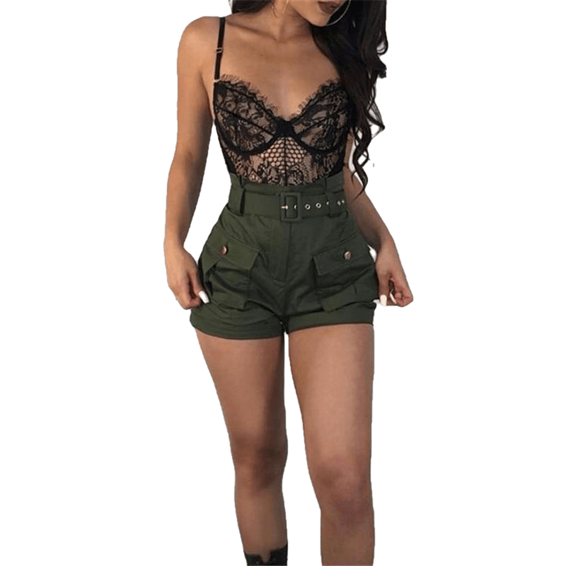 Casual Women A-Line Short Pants New High Waistband Summer Green Shorts Pants Stylish Ladies Loose Beach Belt Short Trousers - Sheseelady
