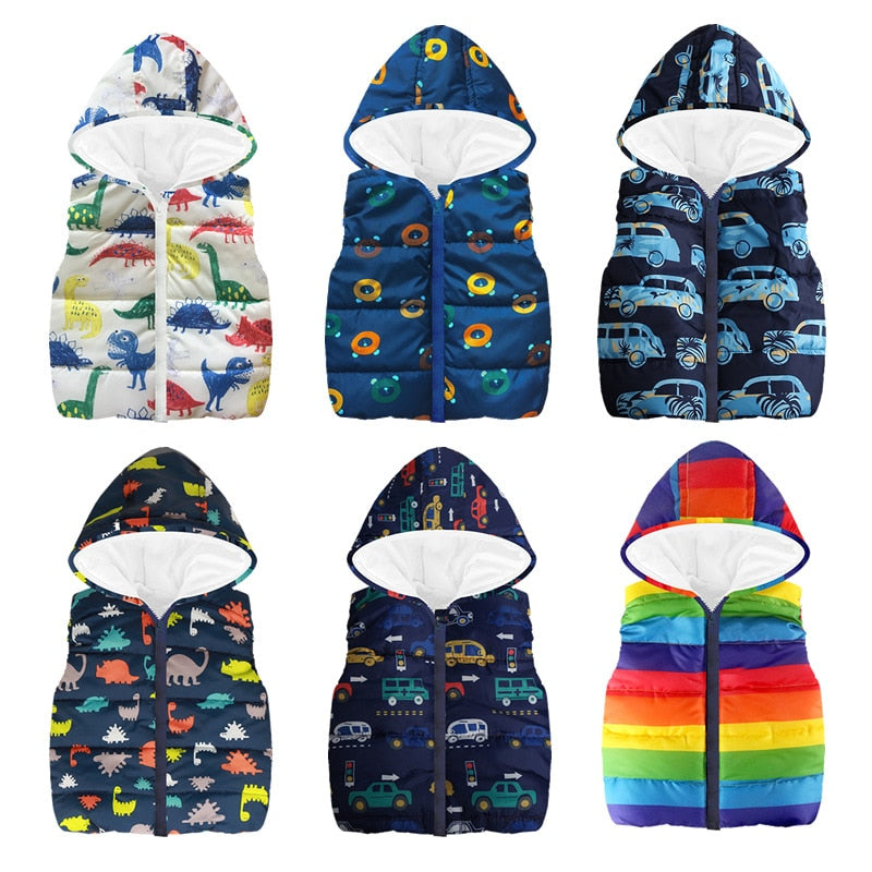 Cheaper Autumn Winter Warm Kids Vests For Boys Cartoon Rainbow Dinosaur Outerwear Sleeveless Hooded Jackets Gilet Baby Boy Coats - Sheseelady