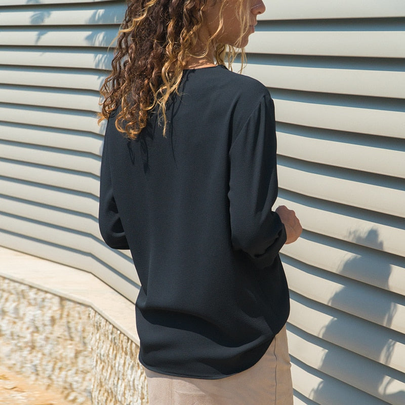 Chiffon Long Sleeve Skew Collar Solid Office Women Blouses And Tops - Sheseelady