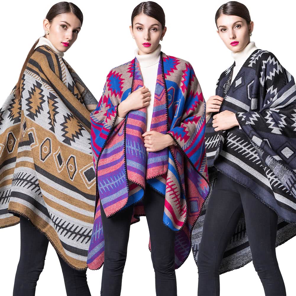 Women Poncho Scarf Cardigan Sweater Geometrical Print WarmCape Shawl Long Scarves Pashmina Outwear