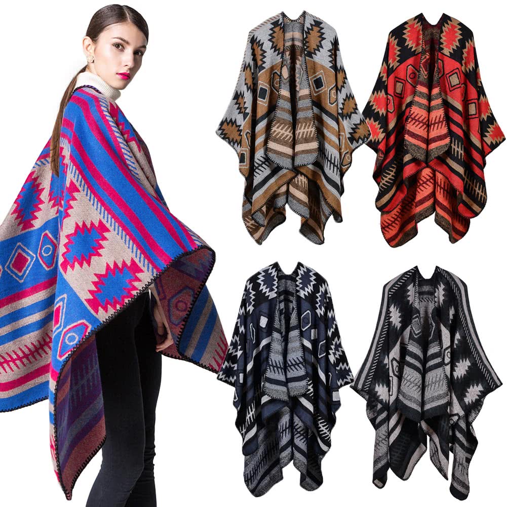 Women Poncho Scarf Cardigan Sweater Geometrical Print WarmCape Shawl Long Scarves Pashmina Outwear