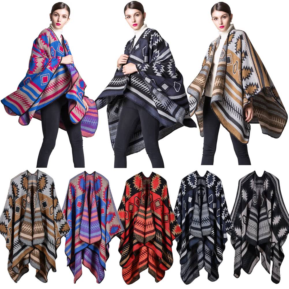 Women Poncho Scarf Cardigan Sweater Geometrical Print WarmCape Shawl Long Scarves Pashmina Outwear