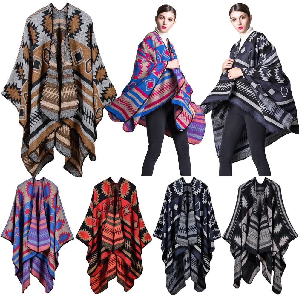 Women Poncho Scarf Cardigan Sweater Geometrical Print WarmCape Shawl Long Scarves Pashmina Outwear