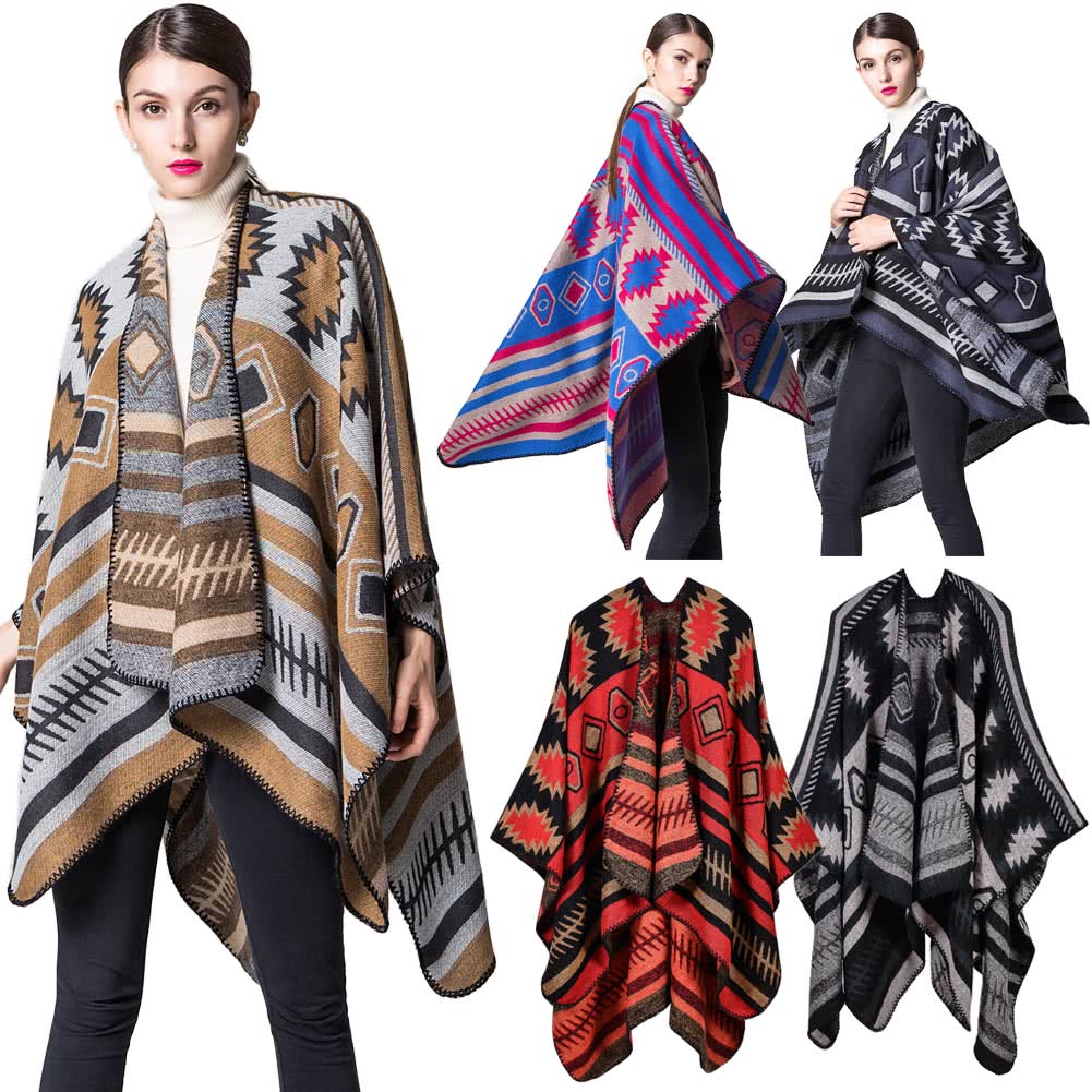 Women Poncho Scarf Cardigan Sweater Geometrical Print WarmCape Shawl Long Scarves Pashmina Outwear