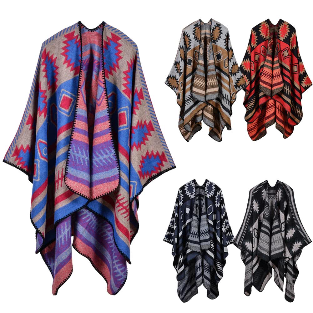 Women Poncho Scarf Cardigan Sweater Geometrical Print WarmCape Shawl Long Scarves Pashmina Outwear