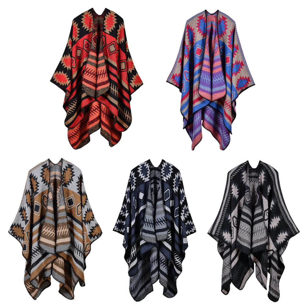 Women Poncho Scarf Cardigan Sweater Geometrical Print WarmCape Shawl Long Scarves Pashmina Outwear