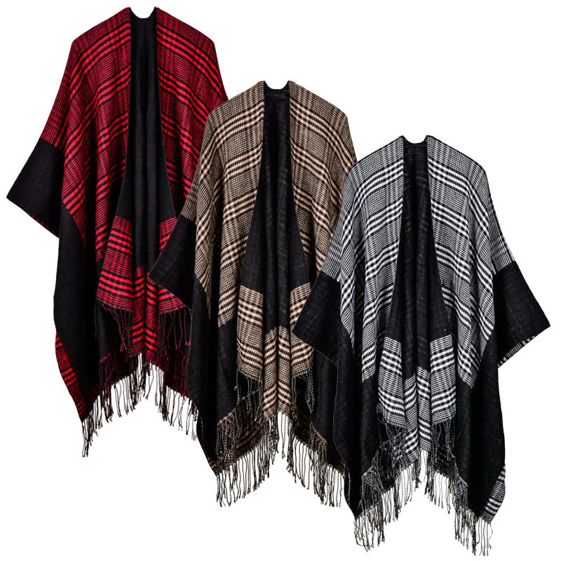 Vintage Women's Plaid Knitted Shawl Poncho - Faux Cashmere Tassel Cape for Winter