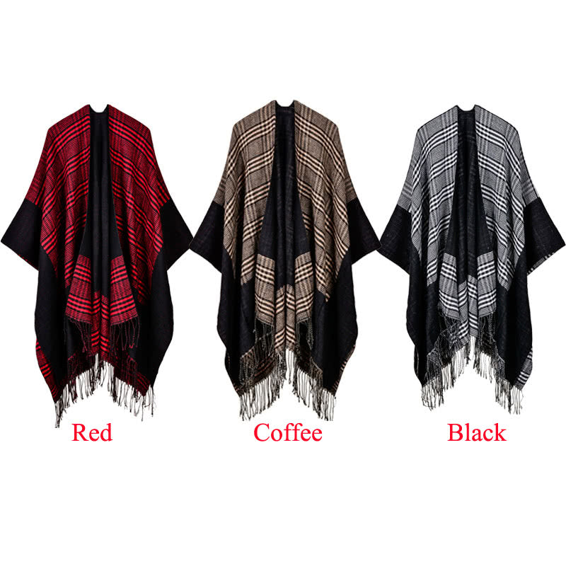 Vintage Women's Plaid Knitted Shawl Poncho - Faux Cashmere Tassel Cape for Winter