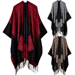 Vintage Women's Plaid Knitted Shawl Poncho - Faux Cashmere Tassel Cape for Winter