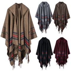 Women Knitted Poncho Cape Hooded Stripe Oversized Cardigan Sweater Long Shawl Scarf Cashmere Pashmina