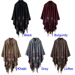 Women Knitted Poncho Cape Hooded Stripe Oversized Cardigan Sweater Long Shawl Scarf Cashmere Pashmina