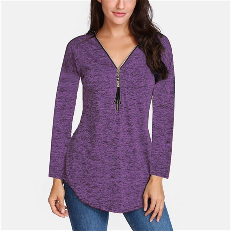 Cotton Long Sleeve V-neck Tassel Zipper T-Shirt Plus Size For Women - Sheseelady