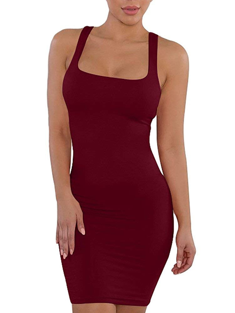Sexy Ladies' Solid Color Knee Length Club Dress With Long Sleeve Or Sleeveless Type