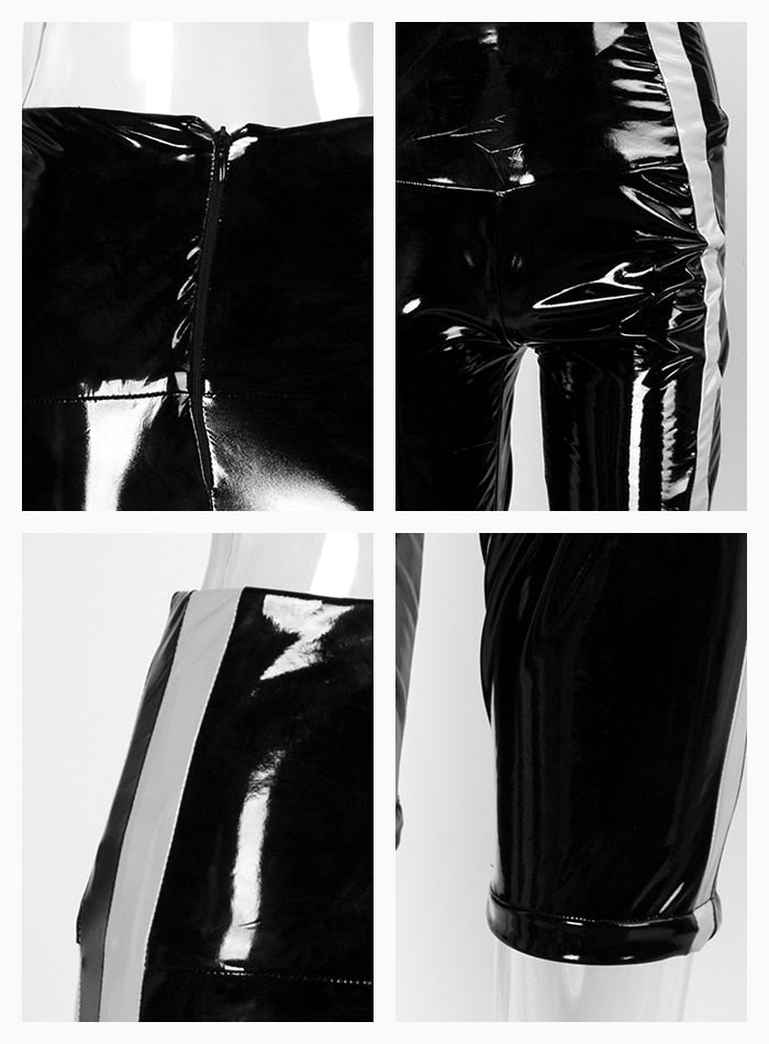 Sexy Black Mid Waist Stitching Stripe Reflective Elastic PU Shorts