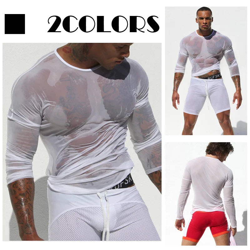 Mens T Shirts Undershirt Gay clothing Nylon Mesh See Through Sheer Long Sleeves Tops Sexy transparent Thin Underwear