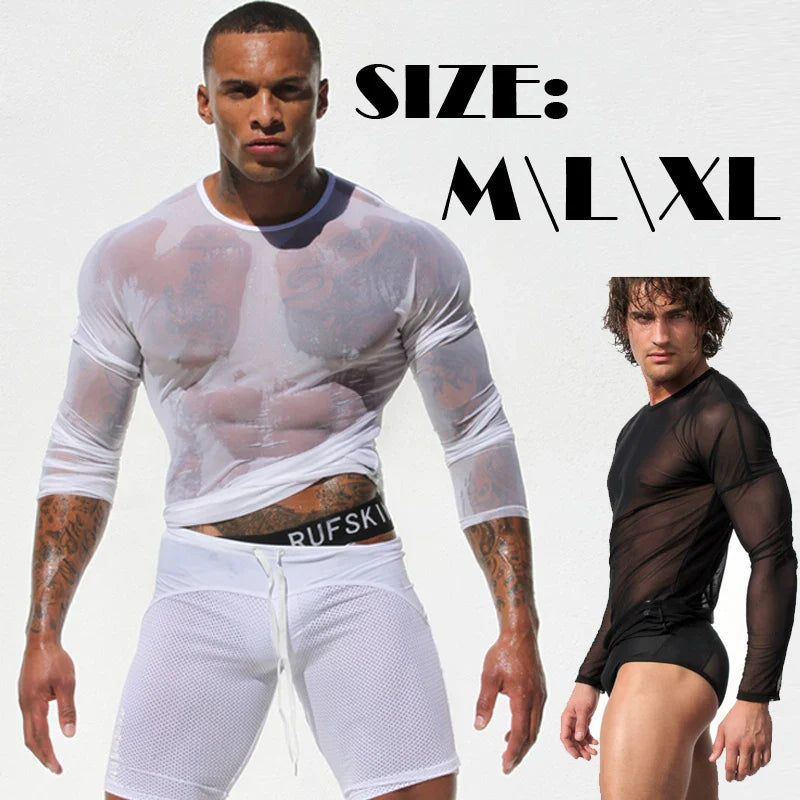 Mens T Shirts Undershirt Gay clothing Nylon Mesh See Through Sheer Long Sleeves Tops Sexy transparent Thin Underwear