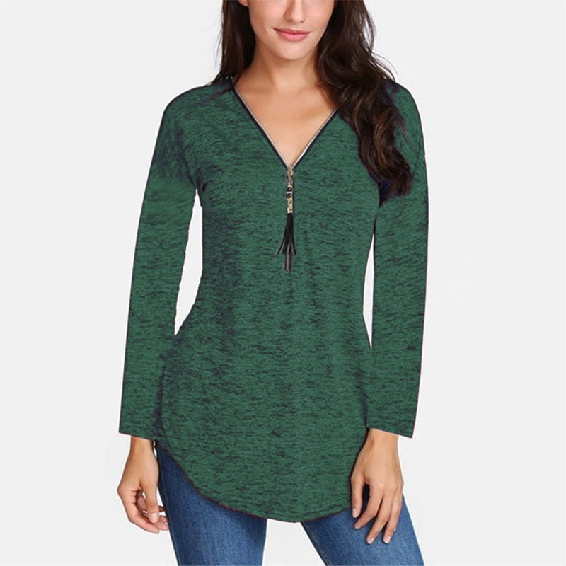 Cotton Long Sleeve V-neck Tassel Zipper T-Shirt Plus Size For Women - Sheseelady
