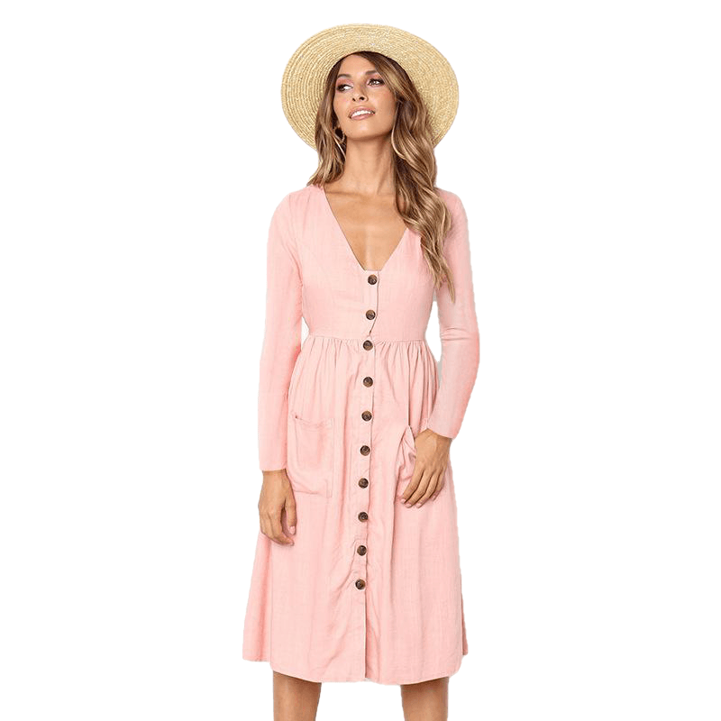 Casual Autumn Vintage Long Sleeve Buttons V Neck Midi Dress For Ladies - Sheseelady