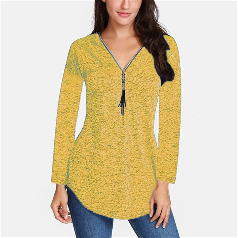 Cotton Long Sleeve V-neck Tassel Zipper T-Shirt Plus Size For Women - Sheseelady