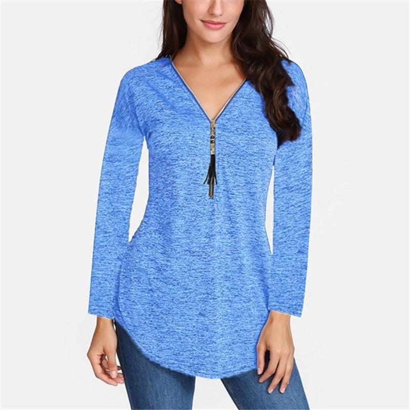 Cotton Long Sleeve V-neck Tassel Zipper T-Shirt Plus Size For Women - Sheseelady