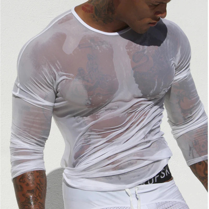 Mens T Shirts Undershirt Gay clothing Nylon Mesh See Through Sheer Long Sleeves Tops Sexy transparent Thin Underwear