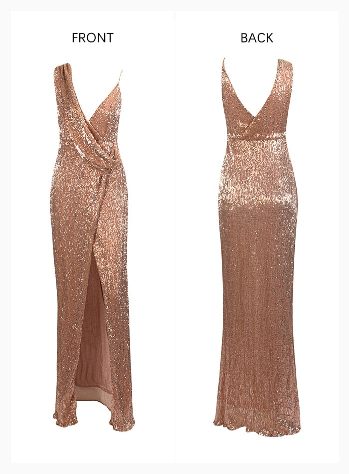 Sexy Rose Gold Deep V-neck Split Sequin Maxi Party Dresses For Ladies