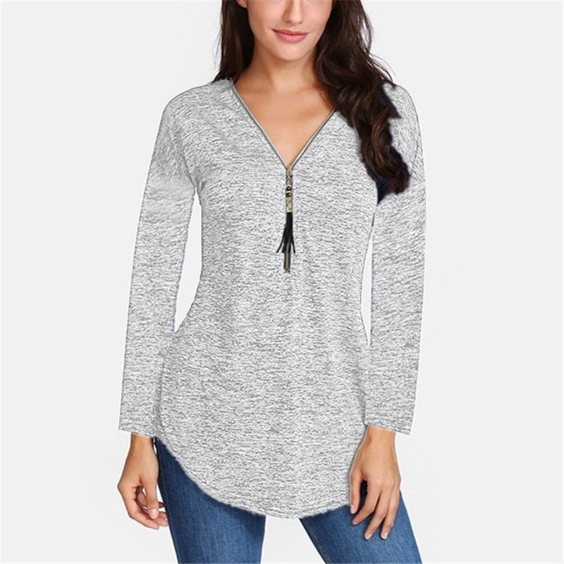 Cotton Long Sleeve V-neck Tassel Zipper T-Shirt Plus Size For Women - Sheseelady