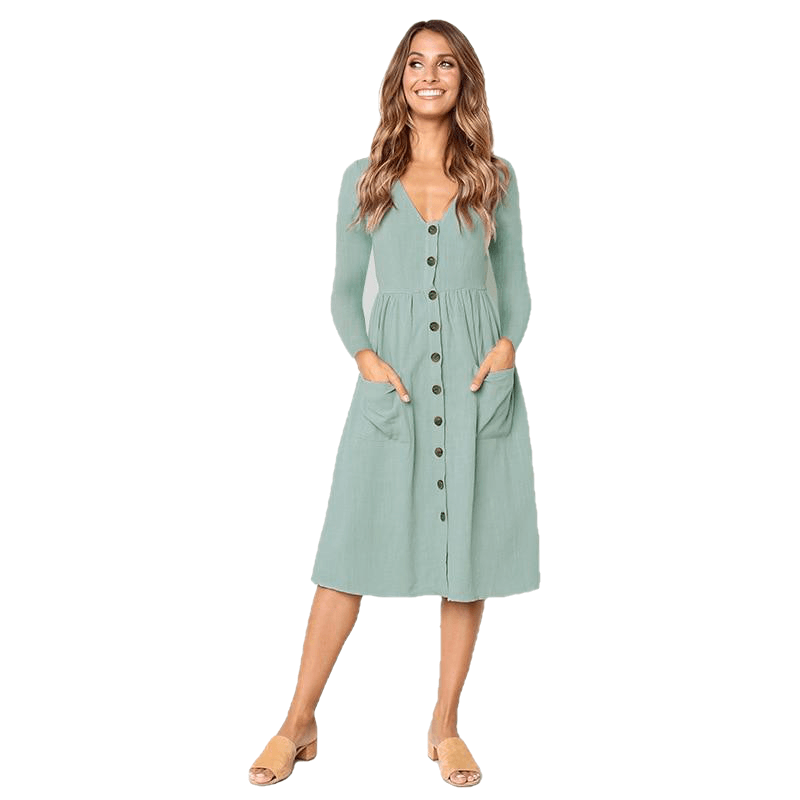 Casual Autumn Vintage Long Sleeve Buttons V Neck Midi Dress For Ladies - Sheseelady