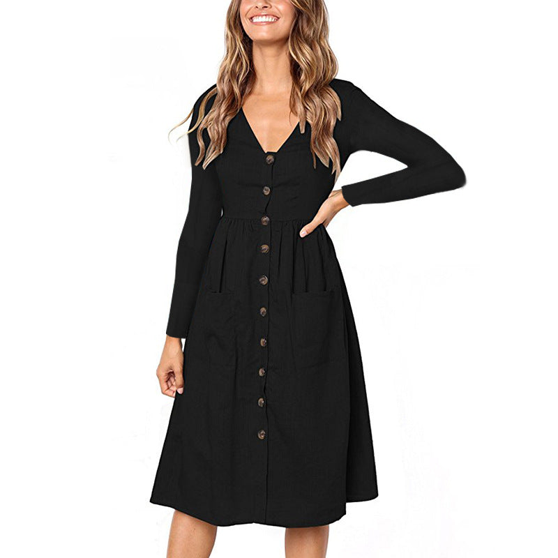 Casual Autumn Vintage Long Sleeve Buttons V Neck Midi Dress For Ladies - Sheseelady