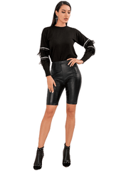 Sexy Black Mid Waist Stitching Elastic Faux Leather Slim Shorts For Ladies