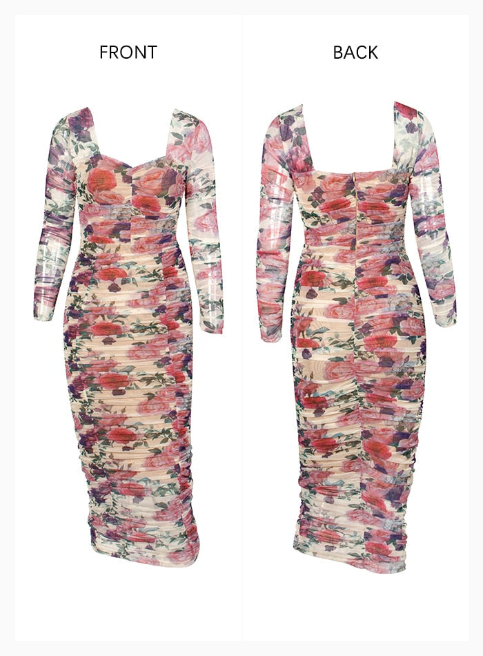 Sexy Floral Print Long Sleeve Over-The-Knee Slim Mesh Party Dress With Lining