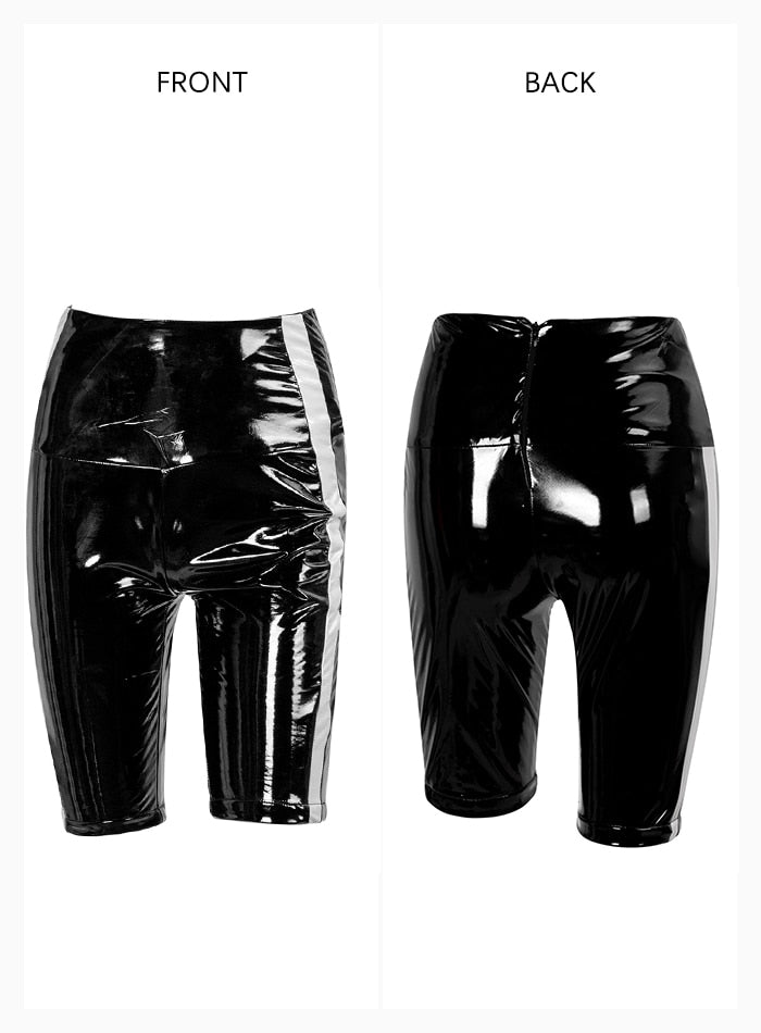Sexy Black Mid Waist Stitching Stripe Reflective Elastic PU Shorts