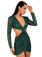 Sexy Green Deep V-neck Glitter Glued Material Slim Fit Party Dress For Ladies
