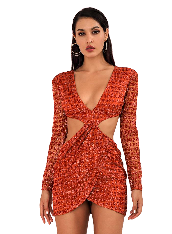 Sexy Orange Deep V-neck Open Back Slim Fit Party Dress For Ladies