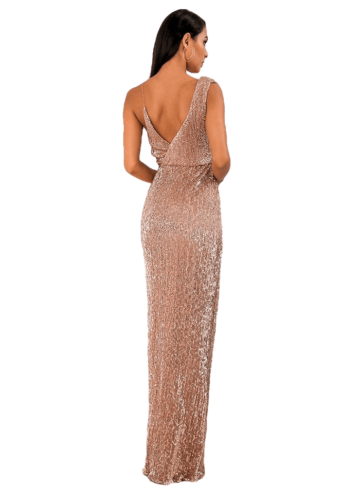 Sexy Rose Gold Deep V-neck Split Sequin Maxi Party Dresses For Ladies