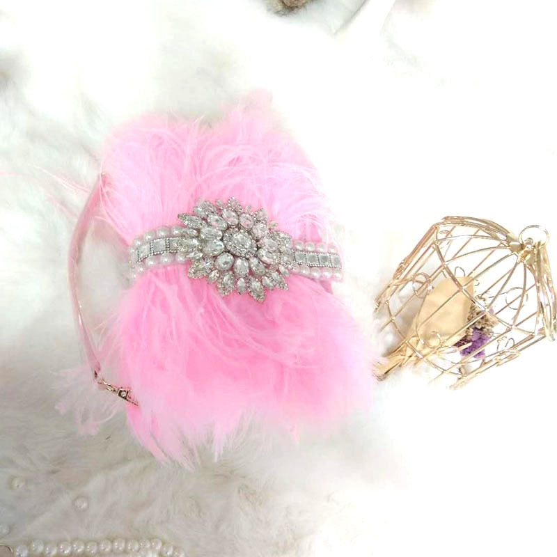 Luxury Real Ostrich Feathers Handbag Evening Bags Women's Pouch Purse Luxury Diamond Women Bags Evening Party Clutch Bag