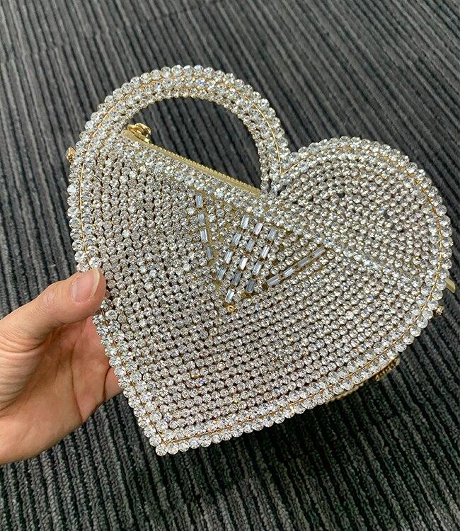 Luxury Stylish Ladies' Heart Shaped Rhinestones Clutch Bag With Metal Shoulder Chain