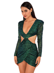 Sexy Green Deep V-neck Glitter Glued Material Slim Fit Party Dress For Ladies