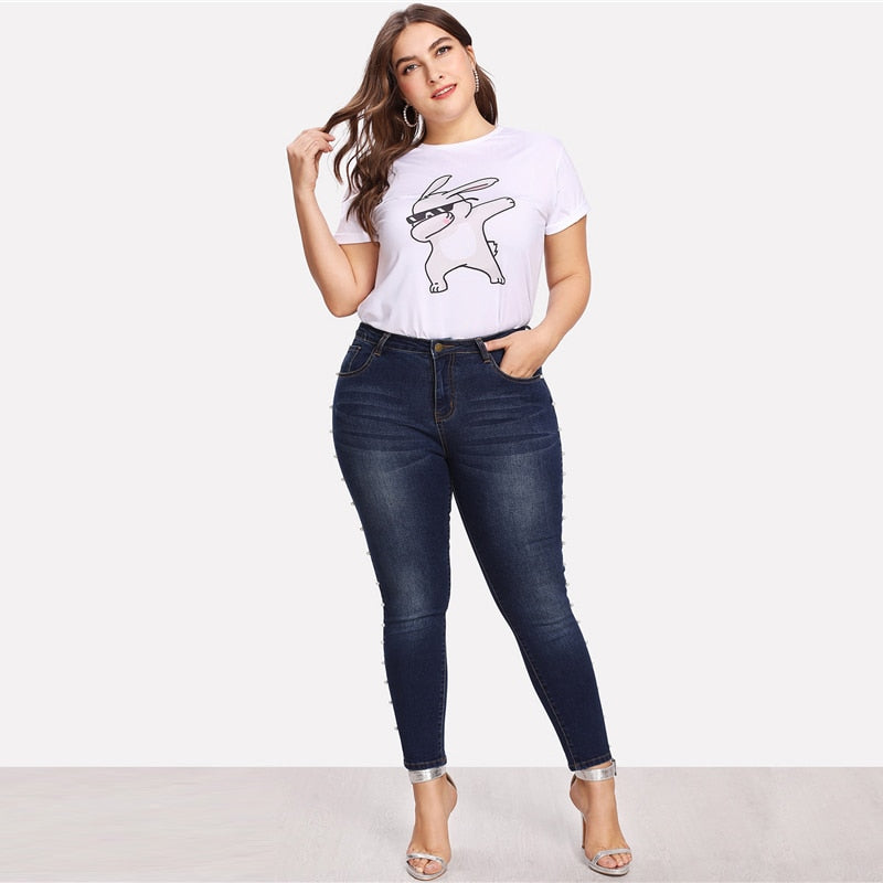 Vintage Casual Ladies' Mid Waist Skinny Jeans With Imitation Pearls Blue