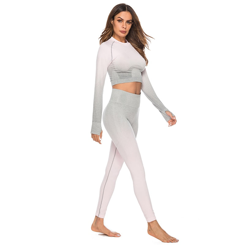 Fashion Fitness Leggings Ombre Seamless Crop Tops For Women Two Piece Set Sportswear Sweatshirt Tracksuit Women Sets - Sheseelady