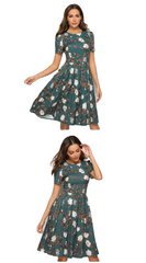 Summer Vintage O-Neck A-Line Floral Print Chic Short Dress For Female