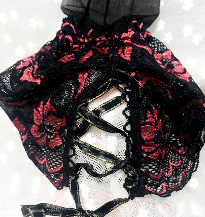 Punk Style Sexy Maid Wide Lace-up Back Seamed Stockings With Floral Embroidery
