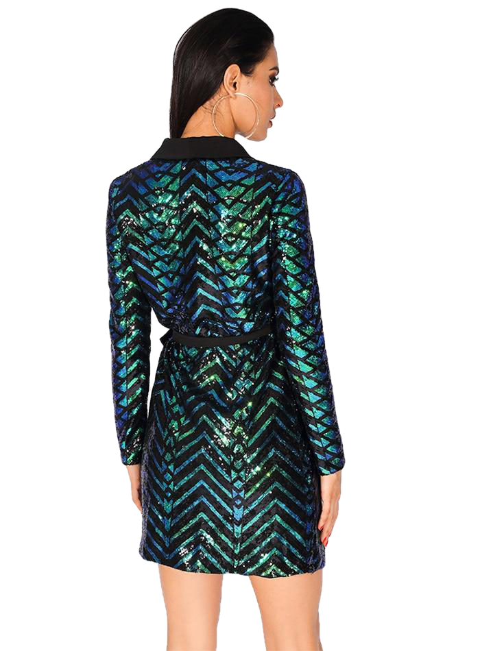 Green Flash Ladies' Cross Banded Party Dress With Geometry Sequins