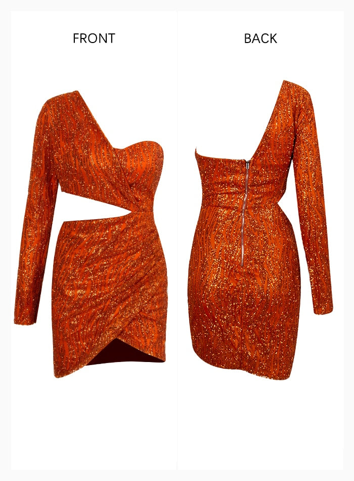 Sexy Orange Ladies' Cut Out Single Sleeve Bodycon Party Dress Of Glitter Glue Bead Material