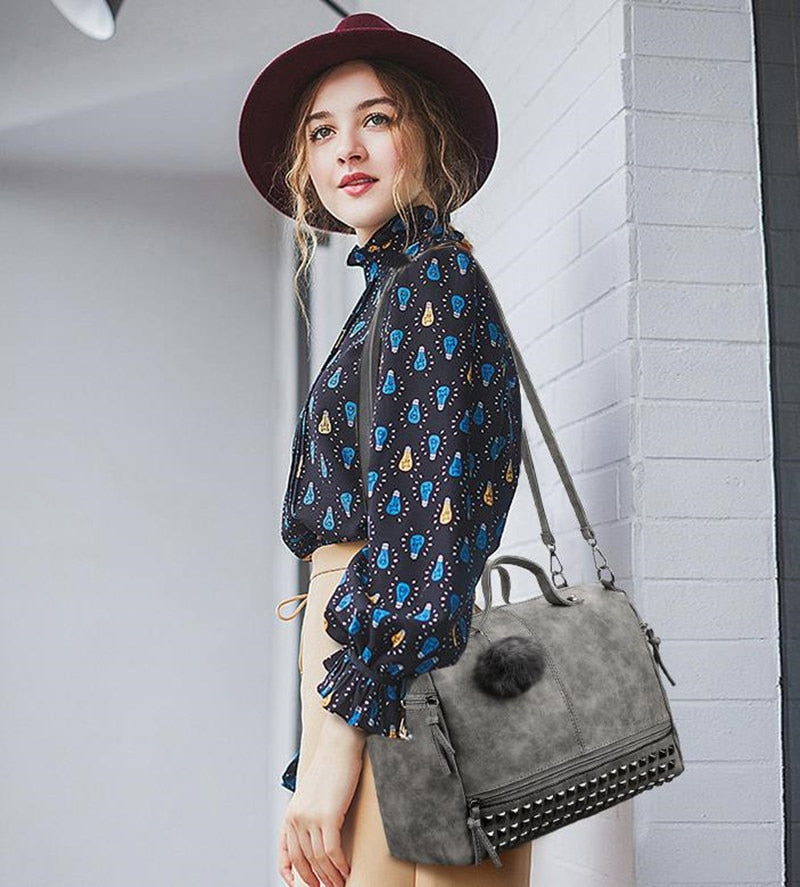 Hot Vintage Nubuck Leather Top-Handle & With Hair Ball Tassel Bag - Sheseelady