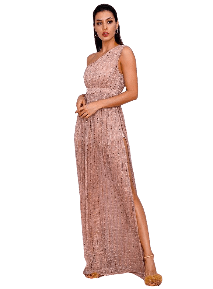 Hot Nude One Shoulder Composite Sequin Material Split Party Dress Female