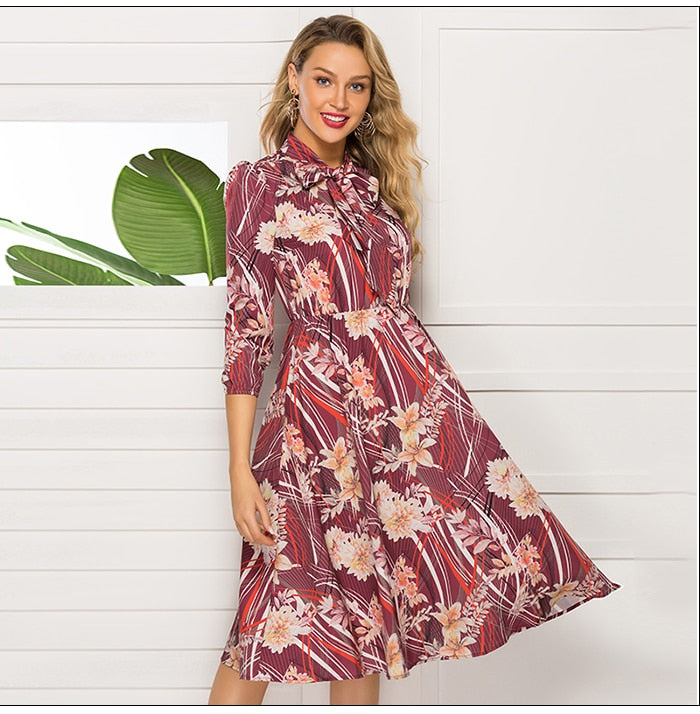 Leisure Floral Print Bow Stand Collar Lantern Sleeve Mid-Calf Dress For Female