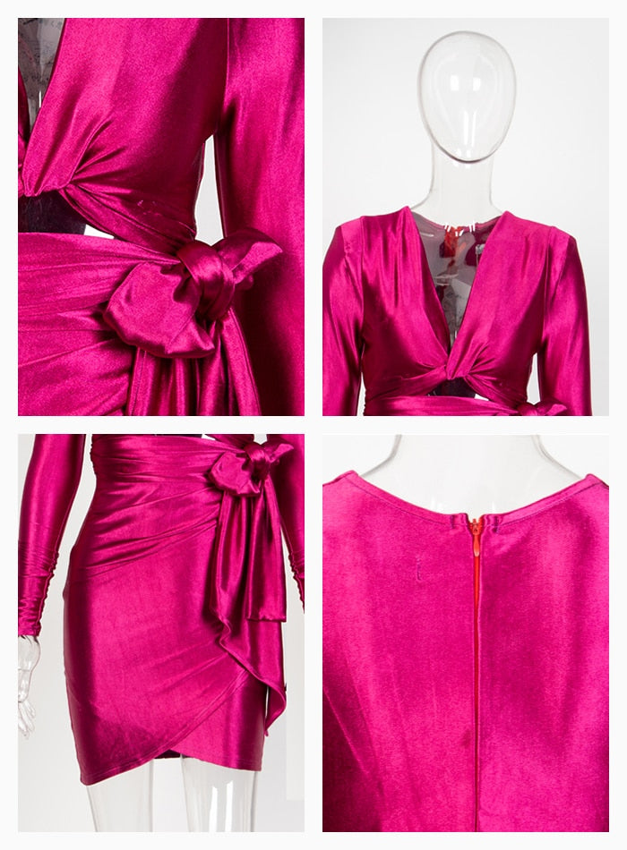Sexy Deep V-Neck Cutout Shoulder Padded Rose Red Slim-Fit Party Dress For Females