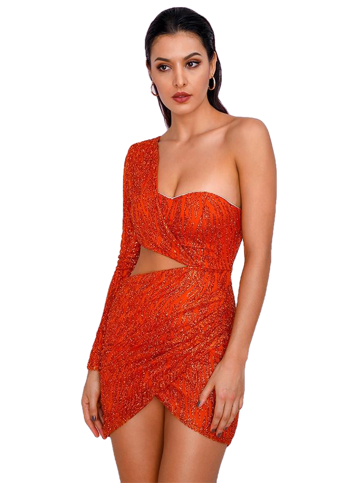 Sexy Orange Ladies' Cut Out Single Sleeve Bodycon Party Dress Of Glitter Glue Bead Material